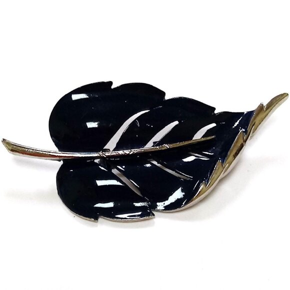 Vintage Leaf Brooch Pin In Black & Silver-Tone - Picture 1 of 10